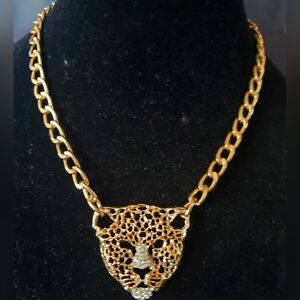 Panter head gold tone chain necklace w/rhinestone accent